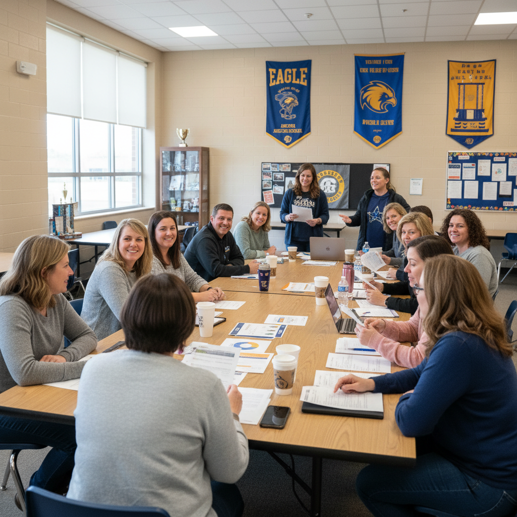 Booster club members reviewing fundraising partnership options
