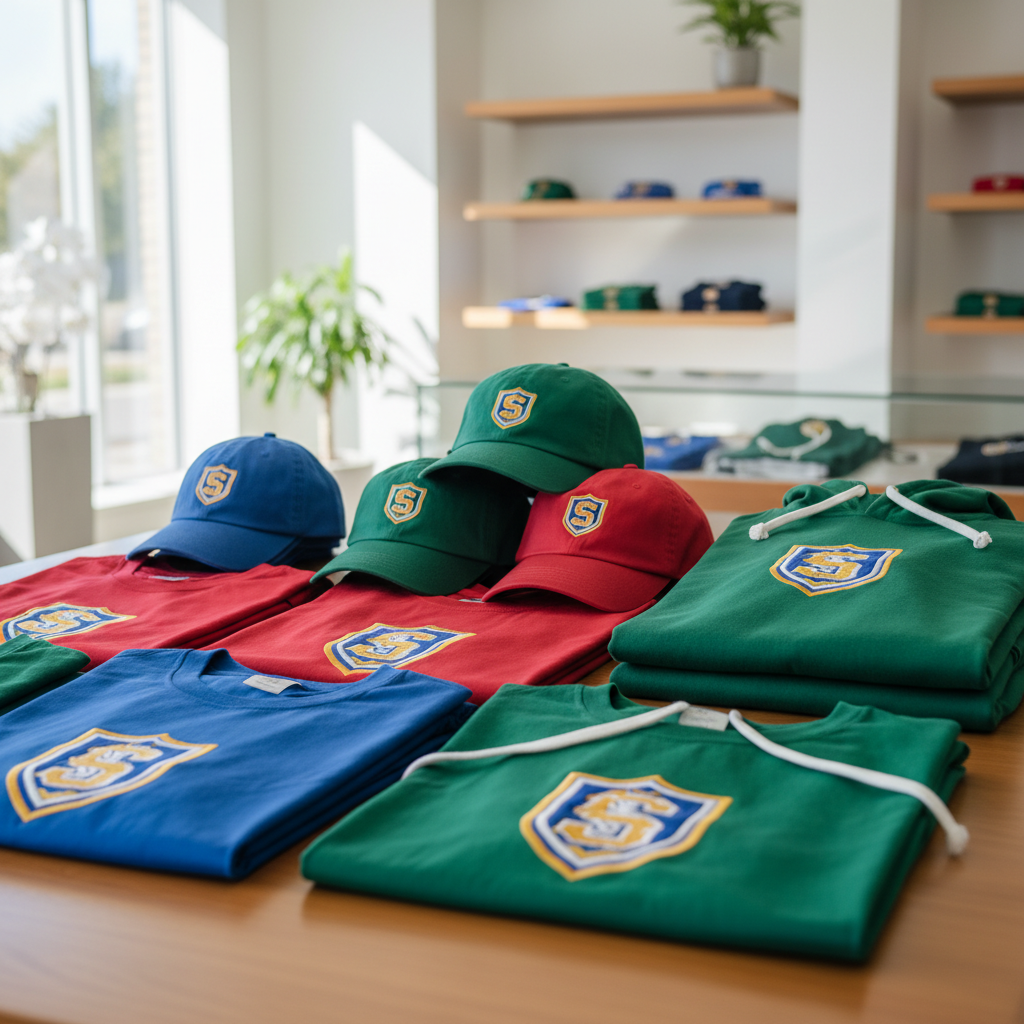 Custom school merchandise display with spirit wear products