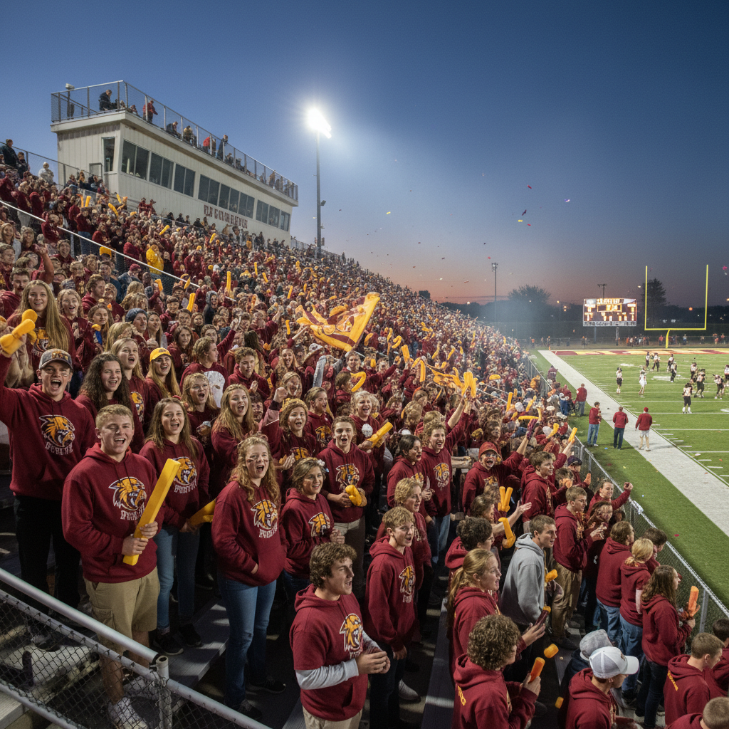 High school fans wearing school spirit apparel at a game