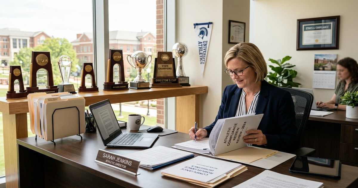 Athletic director reviewing compliance documents at desk